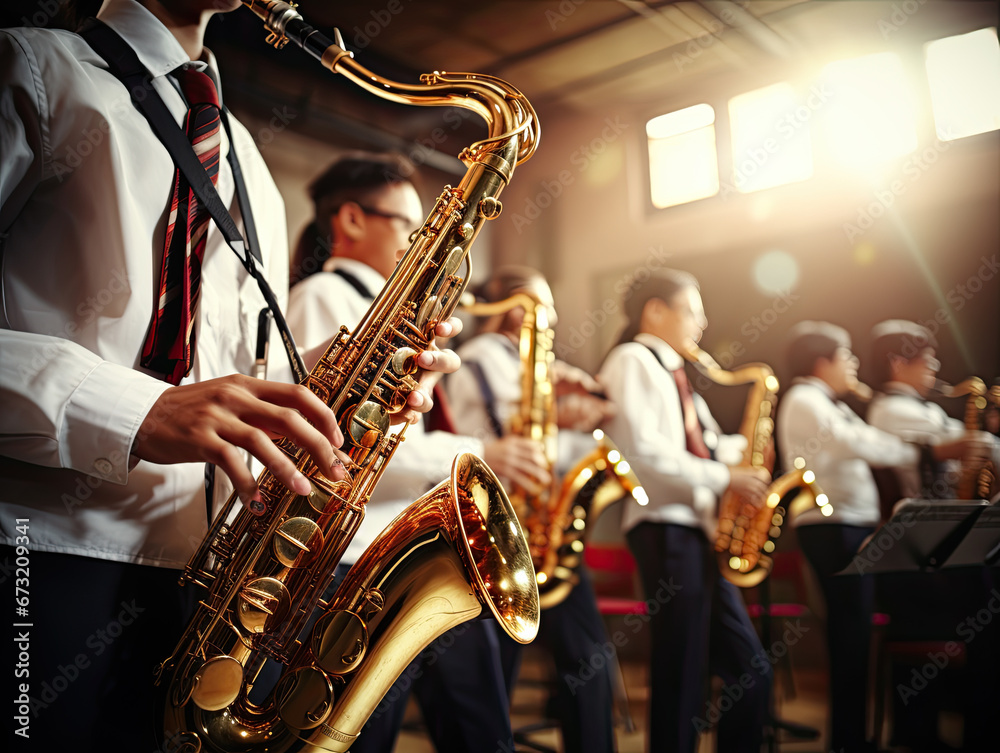 Obraz premium High school students kindle enthusiasm with instruments in the lively school band, crafting a symphony of youthful talent where Harmony resounds