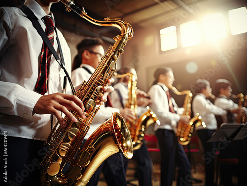 High school students kindle enthusiasm with instruments in the lively school band, crafting a symphony of youthful talent where Harmony resounds