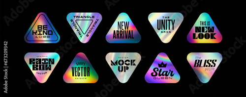 Holographic sticker set. Holography labels mockup and realistic holo textures. Shine badges of triangular shapes.