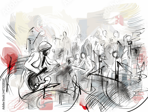 Drawing of Live music background. Show and public illustration separated, sweeping overdrawn lines.
