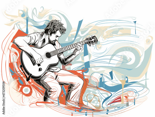 Drawing of Live music backgroundGuitar player and public illustration separated, sweeping overdrawn lines.