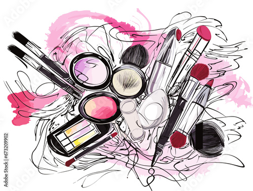 Drawing of make up products illustration separated, sweeping overdrawn lines.