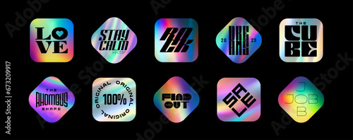 Hologram stickers, holographic labels with rainbow texture, vector original product stamp. Hologram sticker for product guarantee and premium quality