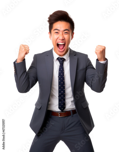handsome excited asian businessman transparent background 