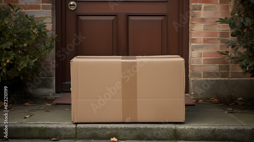 packaging box in front of a door outside on a porch