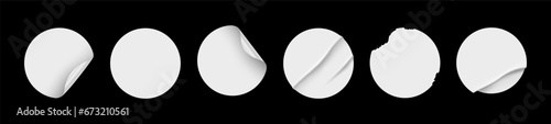 White sticker and tags, paper round stickers with peeling corner and shadow, isolated rounded plastic mockup, realistic set round paper adhesive sticker mockup with curved corner