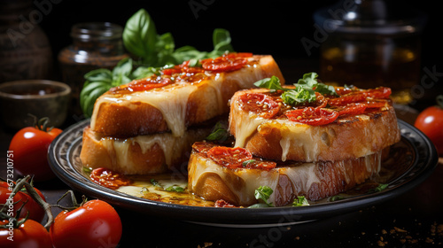 Cheese and Tomato Toasties Spanish Tapas Blurry Background