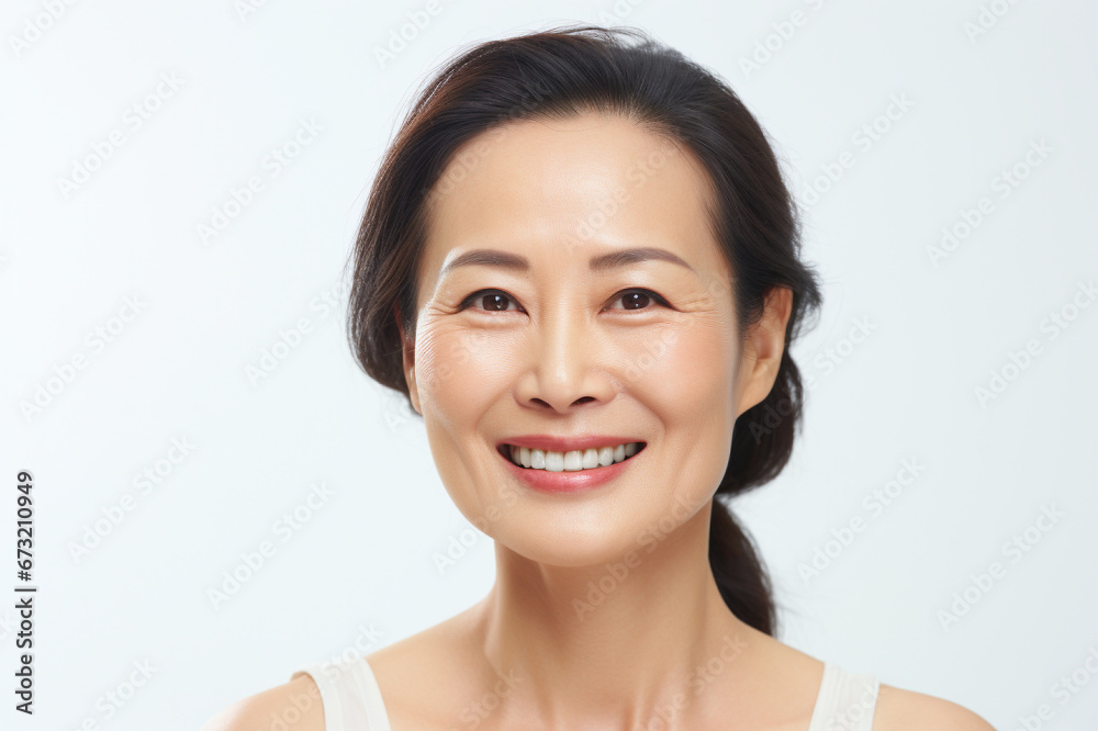Skincare success: Asian mature woman's portrait with a beaming smile Skincare success: Asian mature woman's portrait with a beaming smile
