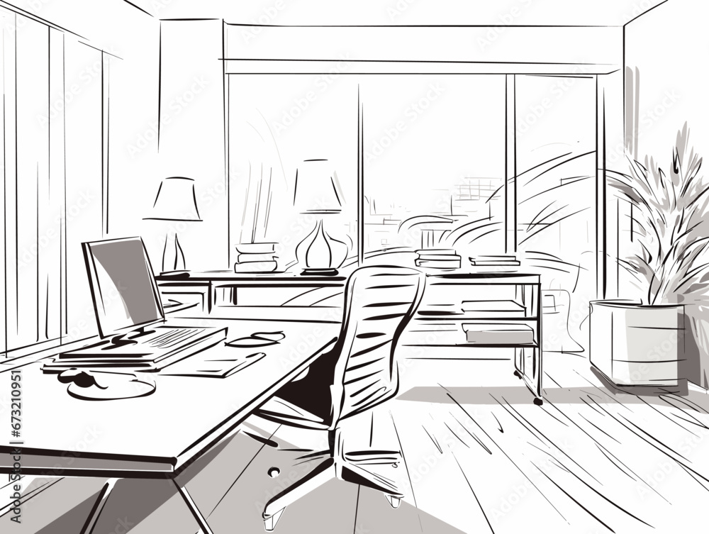Drawing of Office room.Vector interior for work with table illustration separated, sweeping overdrawn lines. Drawing of Office room.Vector interior for work with table illustration separated, sweeping overdrawn lines.