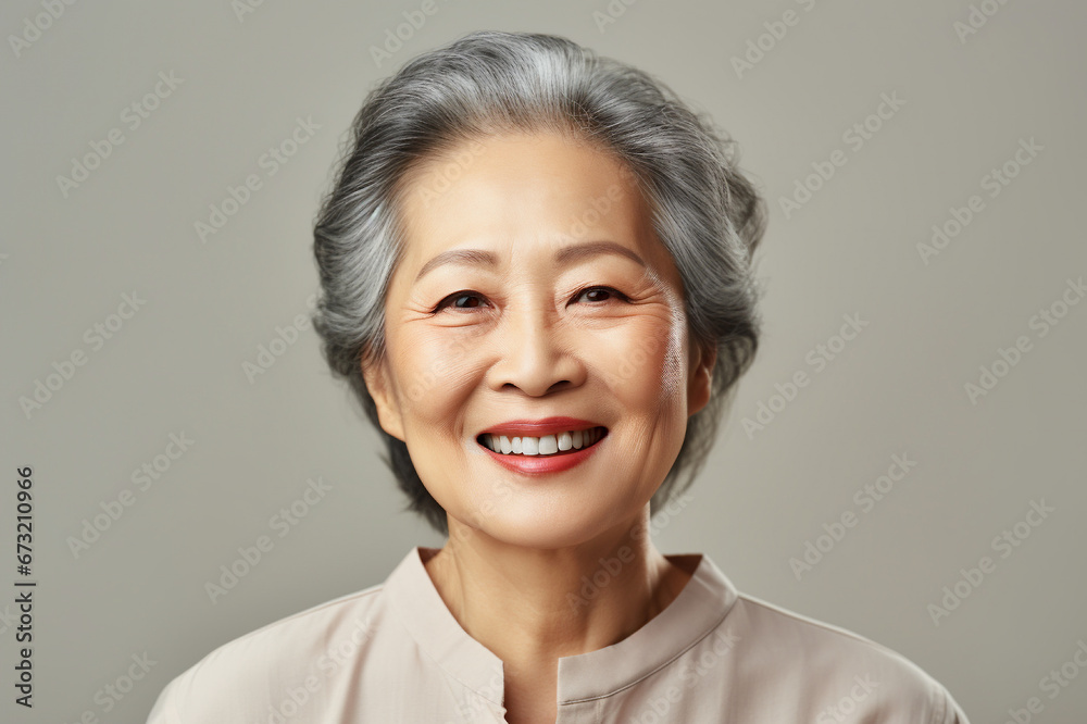 Wrinkle treatment, an older Asian woman's elegant pose. Cosmetics for