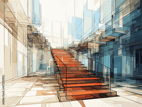 Drawing of Moving stairs behind a glass wall illustration separated, sweeping overdrawn lines.
