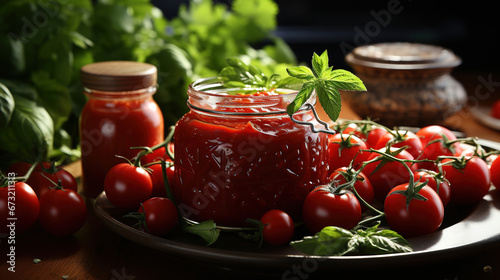 Organic Fresh Tomato Paste with Tomatoes and Leaves on Bowl Background Defocused