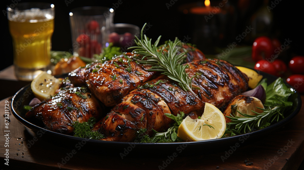 Most Delicious Grilled Chicken Dark on Blurry Background Most Delicious Grilled Chicken Dark on Blurry Background