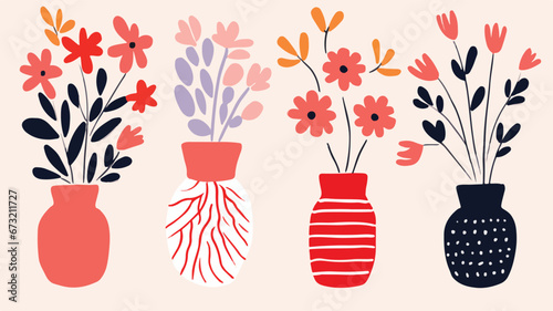 vector colorful flowers in vase collection ,boho vase with flowers set ,bohemian flowers in vase collection