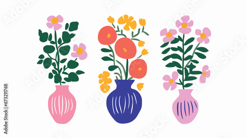 vector colorful flowers in vase collection ,boho vase with flowers set ,bohemian flowers in vase collection