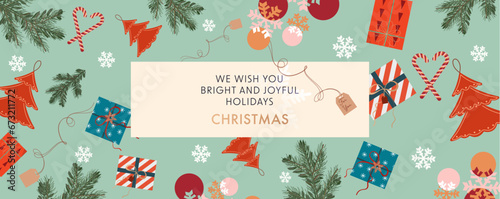 Merry Christmas and Happy New Year greeting card, poster, holiday cover. Modern Xmas design with typography, candies, cookies, trees and gift boxes. Minimal Invitation card, web banner, social media.