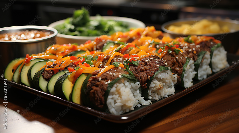 Kimbap - Rice Rolls Filled with Vegetables Meat and Pickled Radish Similar to Sushi Rolls on Blurred Background Kimbap - Rice Rolls Filled with Vegetables Meat and Pickled Radish Similar to Sushi Rolls on Blurred Background