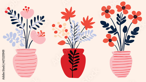 vector colorful flowers in vase collection ,boho vase with flowers set ,bohemian flowers in vase collection