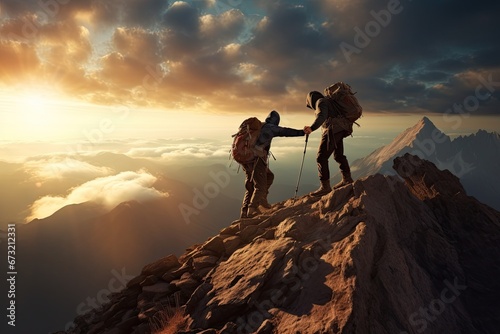 a hiker trekker helping his friend climbing on mountain top