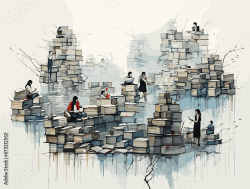 Drawing of People with books illustration separated, sweeping overdrawn lines.