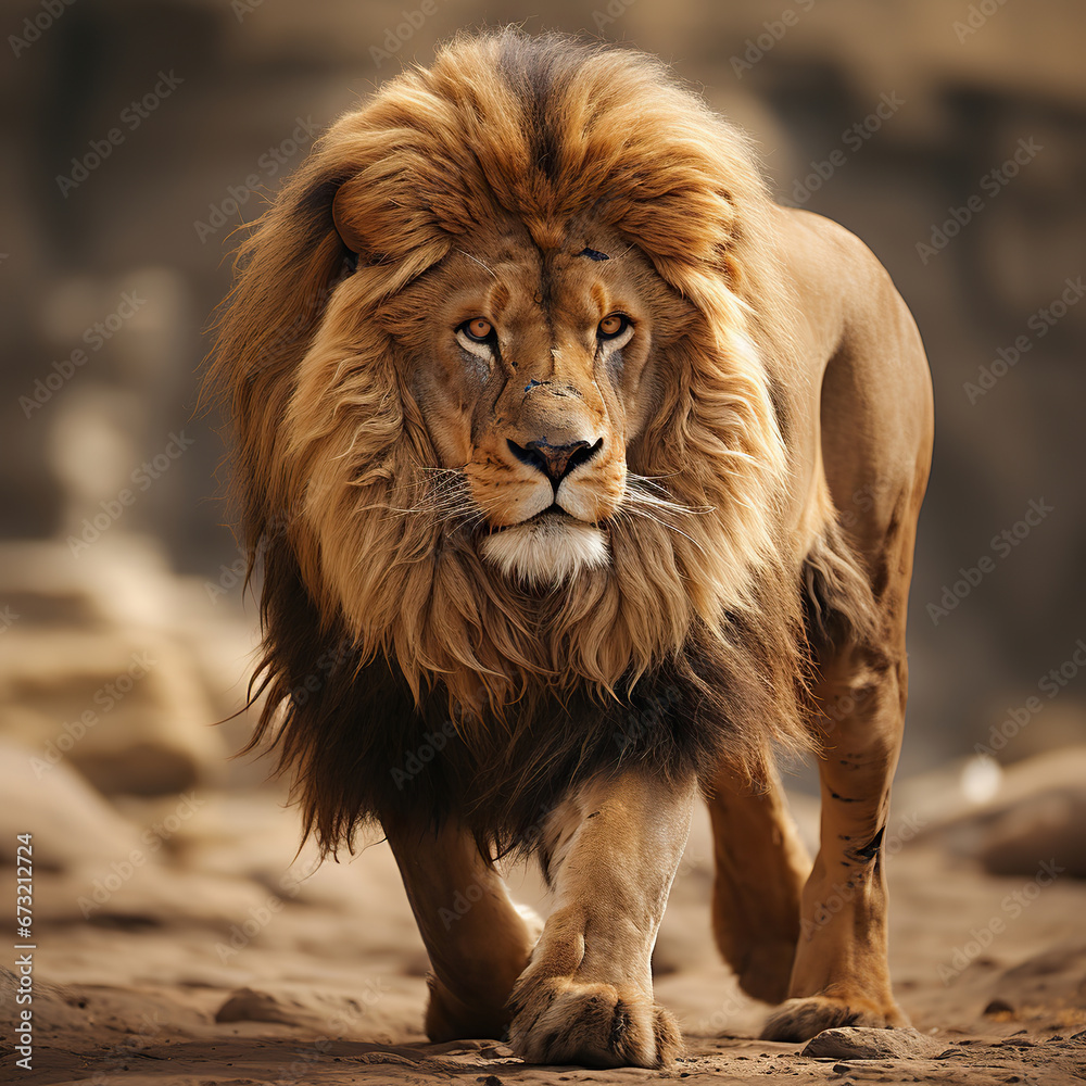 Fototapeta premium King of the Savanna: A Majestic Lion's Journey,portrait of a lion,portrait of a male lion