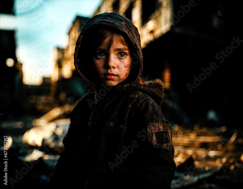 sad child girl among destroyed city