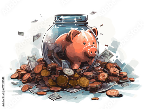 Drawing of Piggy Banks Superannuation Finance Business illustration separated, sweeping overdrawn lines.
