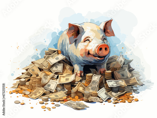Drawing of Piggy with money illustration separated, sweeping overdrawn lines.