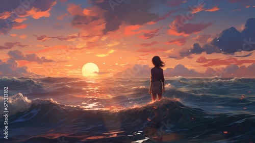 Gorgeous landscape with a cartoon woman at summer sunrise, fluffy clouds, ocean, and a shining sun.