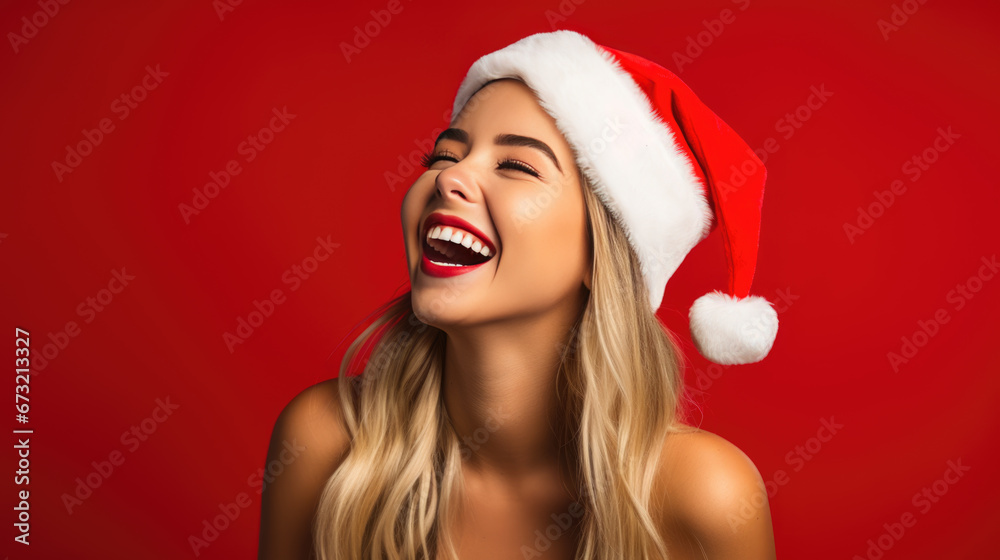 Joyful woman wearing a Santa hat, laughing against a vibrant red background, embodying the festive spirit of Christmas. Joyful woman wearing a Santa hat, laughing against a vibrant red background, embodying the festive spirit of Christmas.