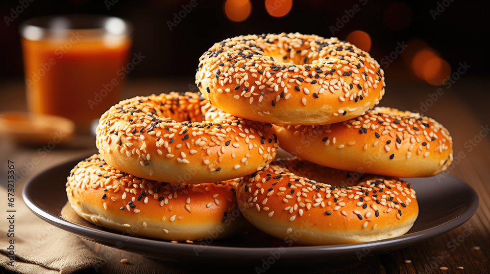 Several sesame bagels on a plate Several sesame bagels on a plate