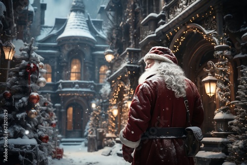 Santa is walking down a city street, winter, snow, holiday decorations © soleg