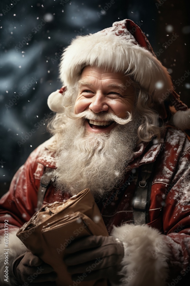 Portrait of Santa, with a lot of gifts, he is cheerful and joyful, winter, snow covered forest