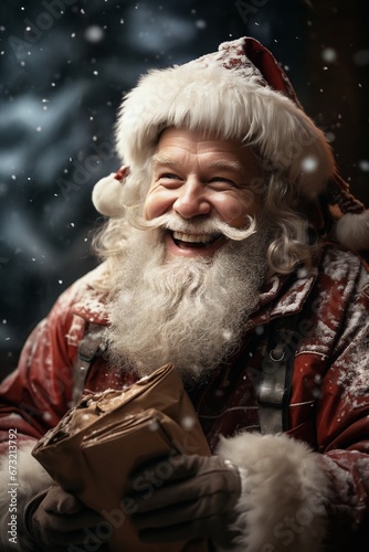 Portrait of Santa, with a lot of gifts, he is cheerful and joyful, winter, snow covered forest