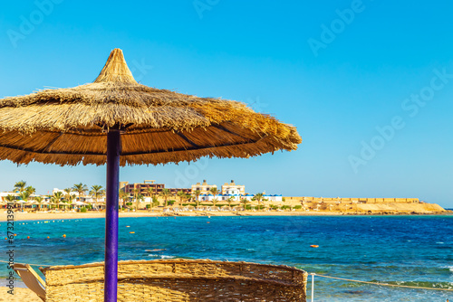Sunny resort beach on the shores of the Red Sea.