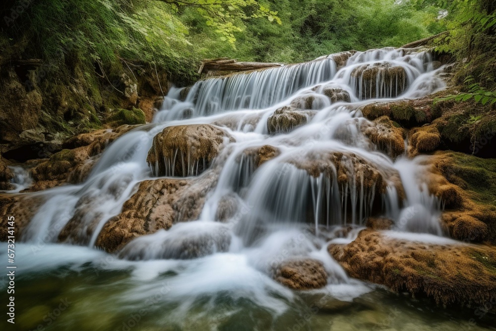 Mesmerizing cascade of water flowing gracefully down a picturesque landscape. Generative AI