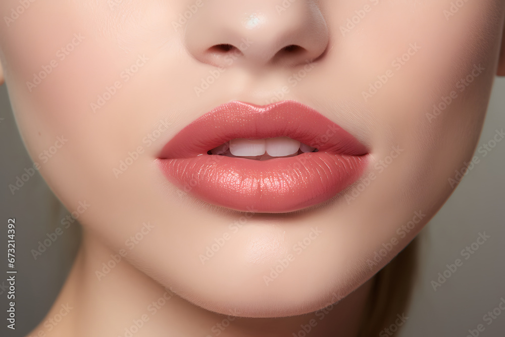 Sexy Lips close up. Healthy full woman lips. Round and pouty lips. Coral juicy lips. Coral lipstick. Sexy Lips close up. Healthy full woman lips. Round and pouty lips. Coral juicy lips. Coral lipstick.