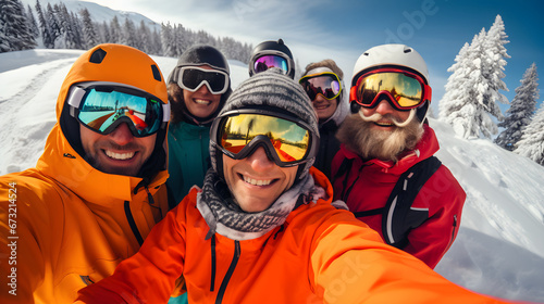 Group of multinational friends in colorful winter clothes are having fun and doing selfie at the top of mountain. Winter ski and snowboarding vacations concept