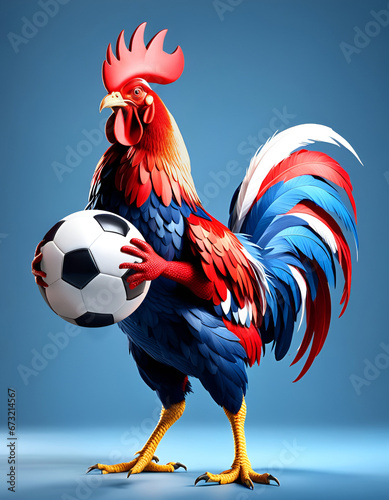 Coq tricolore bleu blanc rouge tenant un ballon de foot dans  ses mains, mascotte sportive de l'équipe de France - IA générative © CURIOS