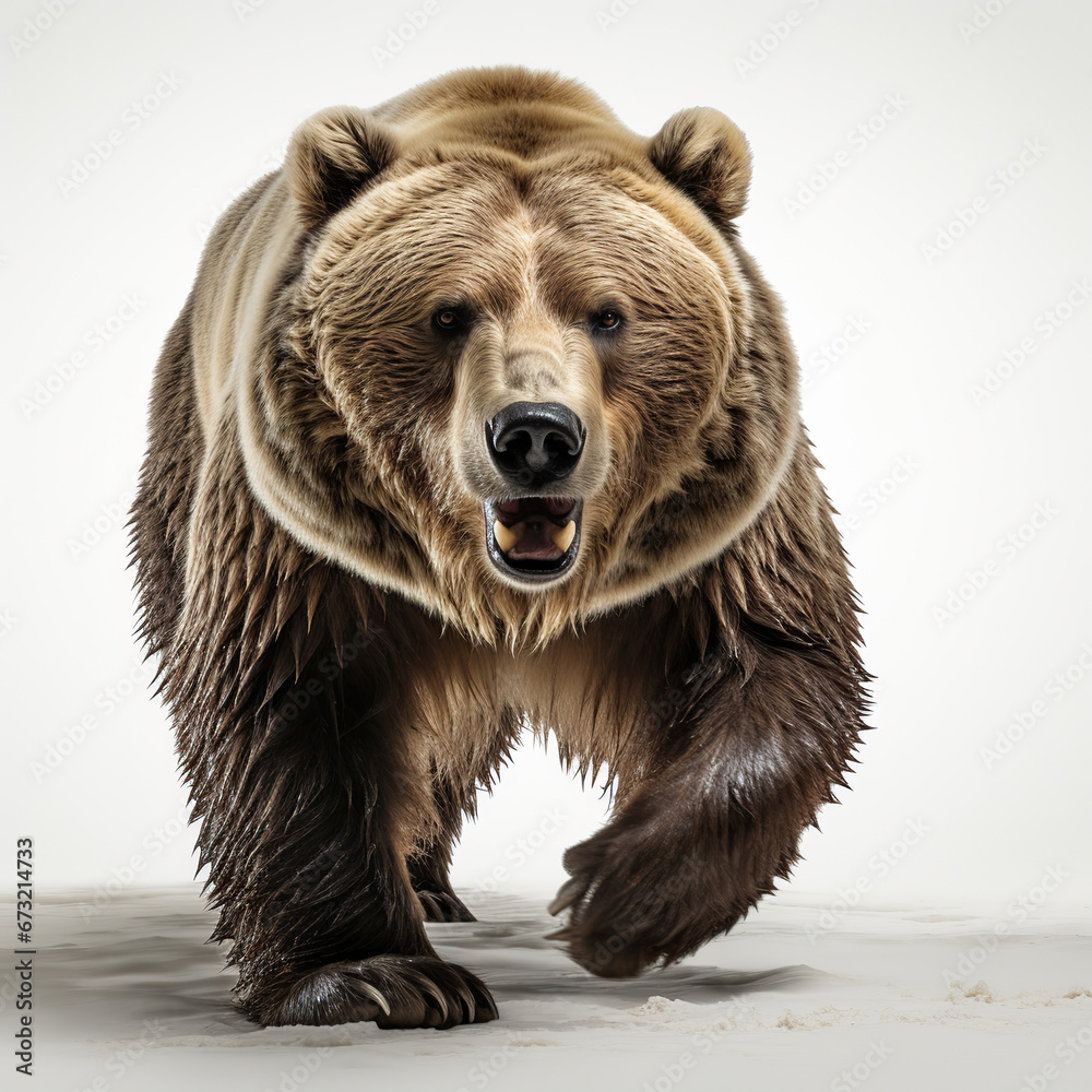 Obraz premium Winter Wanderer: A Brown Bear's Snowy Stroll,brown bear isolated on white