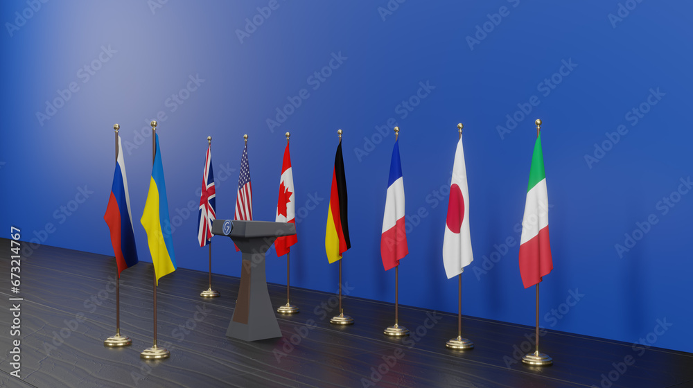G7 summit. flags of members of G7 group of seven and list of countries