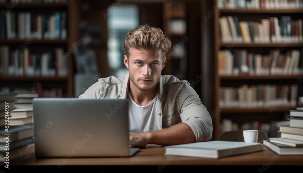 Focused Young Man Studying in Library Focused Young Man Studying in Library