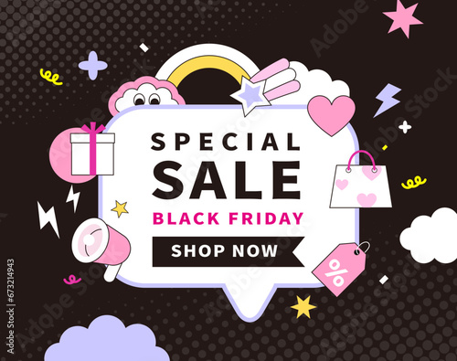 Big special sale event ad web template poster banner. Cute flat illustration. Lively and colorful discounts. black friday