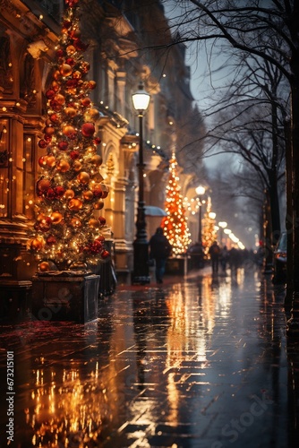 city street in winter  exteriors of houses decorated for Christmas or New Year s holiday  snow  street lights  festive environment