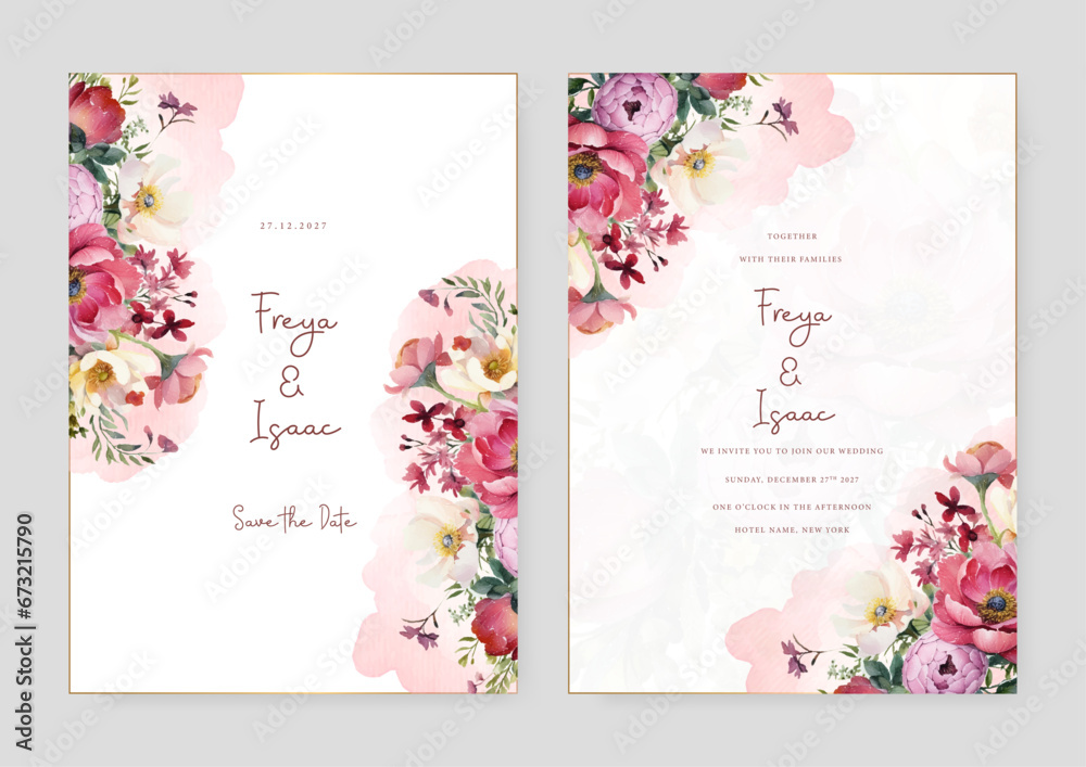 Pink white and purple violet peony wedding invitation card template with flower and floral watercolor texture vector
