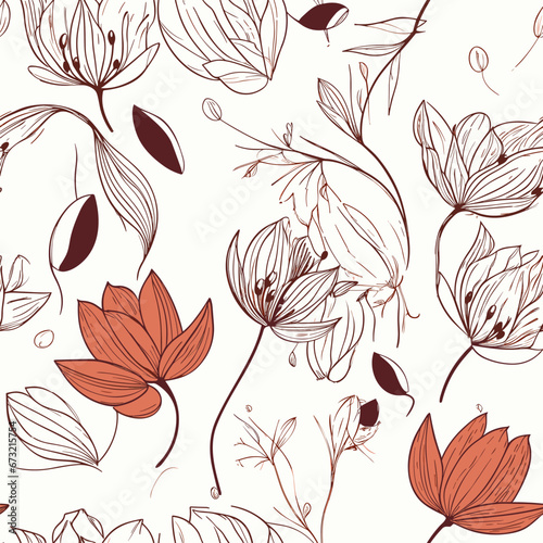 Drawing of Seamless floral pattern of vintage flowers illustration separated, sweeping overdrawn lines.