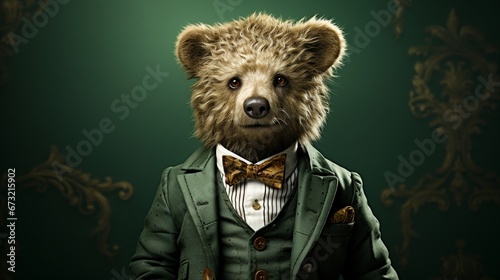 bear wearing office suit with green background 