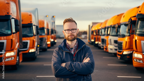 Leinwand Poster Transport coordinator stands in front of a fleet of transport trucks