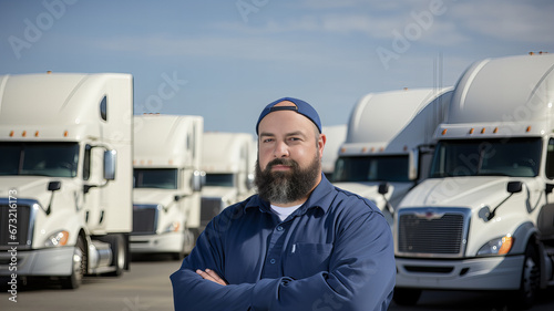 Transport coordinator stands in front of a fleet of transport trucks. Generative AI