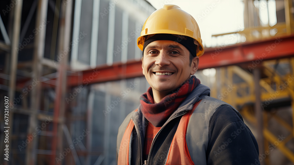 Smiling construction worker in helmet at construction site. Generative AI Smiling construction worker in helmet at construction site. Generative AI